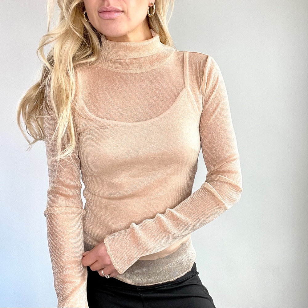Tan Nude Shimmer Mesh Turtleneck